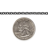 Sterling silver titanium plated chain next to a quarter dollar coin on a white background